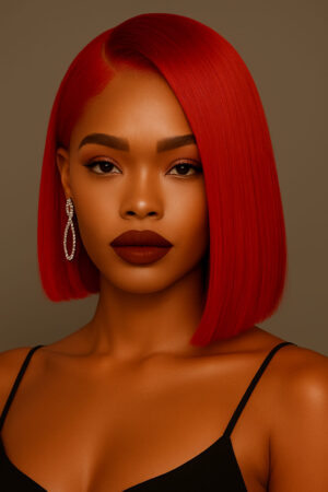Aime-toi N°31 – Bob Asymétrique – Rouge Flamboyant™ – 12" – Allonge et illumine les visages ronds et cœur – Cheveux Naturels Indiens