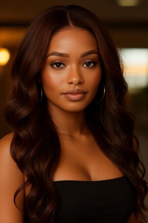 Aime-toi N°56 – Ondulée Satinée – Brun Foncé Profond™ (#2) – 22″ – Révèle et équilibre les visages ovales, cœur et triangulaires – Cheveux Naturels Indiens