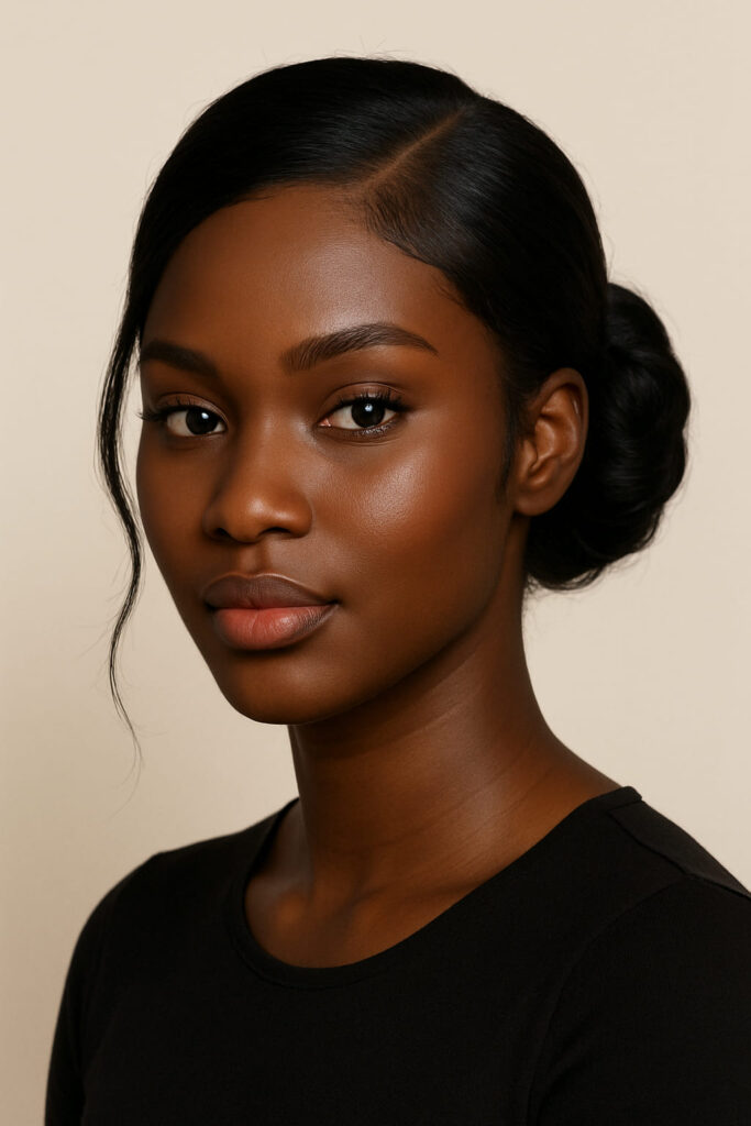 La Queen a un visage ovale. Elle porte un Chignon : mi-haut, ligne propre, proportions équilibrées (ni trop haut ni trop bas).Texture : ondulé satiné discipliné (gloss naturel, pas brillant plastique).Raie : diagonale légère (subtile).Mèches encadrantes : très fines, à peine visibles, pour douceur sans alourdir.