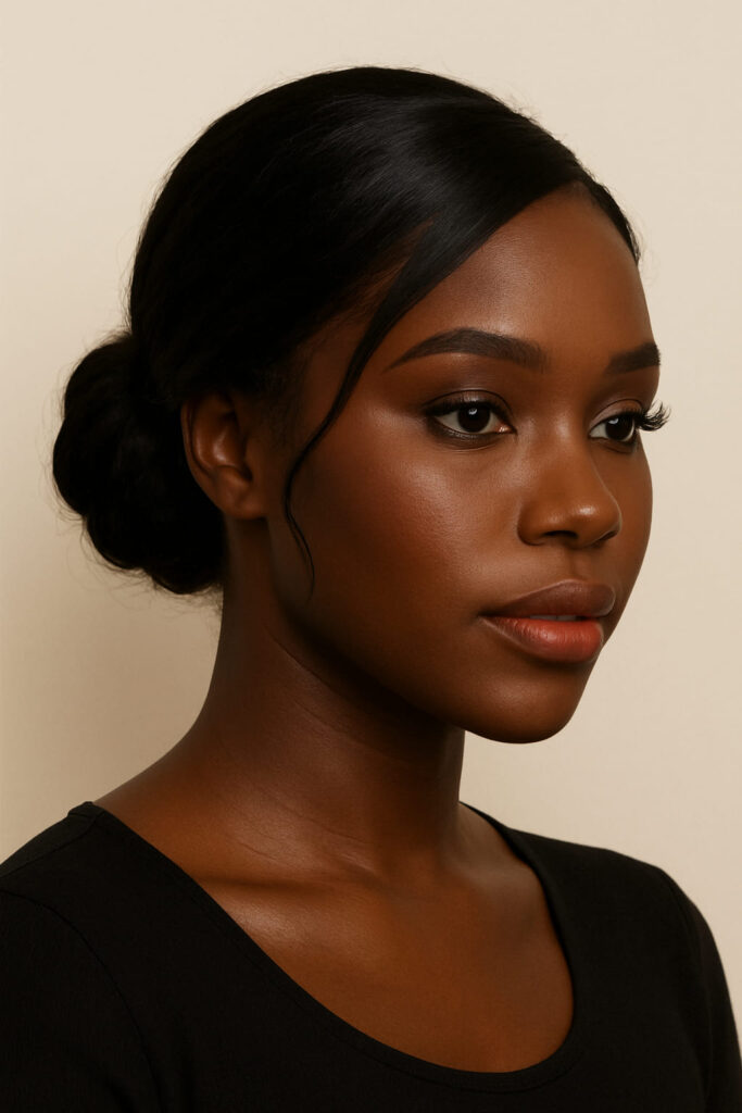 La Queen a un visage diamant et porte un Chignon : mi-haut souple (pas trop haut), volume arrondi équilibré.Texture : ondulé satiné fin (adoucit sans épaissir sur pommettes).Raie : diagonale douce (éviter médiane stricte).Mèches encadrantes : départ SOUS la pommette, glissent vers la mâchoire (pas d’épaisseur au niveau zygomatique).