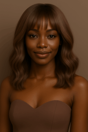 Perruque Parfaite Teint Froid N°6, Carré Ondulé Feutré 14″ avec Frange Douce – nuance Noisette Glacée™ – Sans colle – Cheveux Naturels Indiens