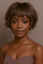 Perruque Parfaite Teint Froid N°7, Coupe courte texturée 12″ – Frange douce – nuance Noisette Glacée™ – Sans colle – Cheveux Naturels Indiens