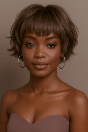 Perruque Parfaite Teint Froid N°7, Coupe courte texturée 12″ – Frange douce – nuance Noisette Glacée™ – Sans colle – Cheveux Naturels Indiens