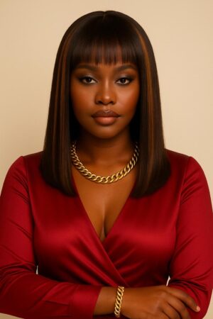 Perruque Parfaite Cœur Miel N°9 – Brun Miel Rayonnant™ (#4/27 subtil) — Lob Lisse Premium 14″ — Frange Droite — Sans Colle — Cheveux Naturels Indiens