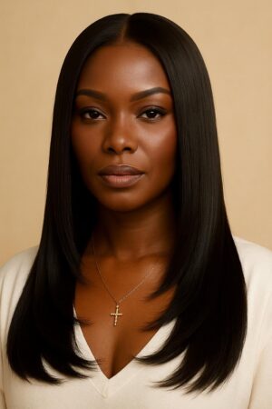 Aime-Toi N°78 – Noir Élégant™ (#1B) – Lisse Longue 22″sans colle, baby hairs fins et naturels – Cheveux Naturels Indiens